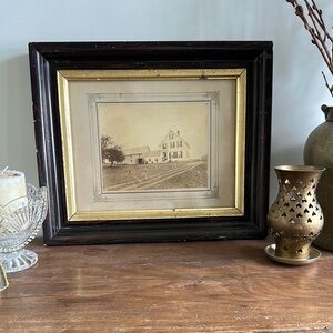 Antique Farmhouse Gold and Brown Picture Art Wavy Glass 1800’s